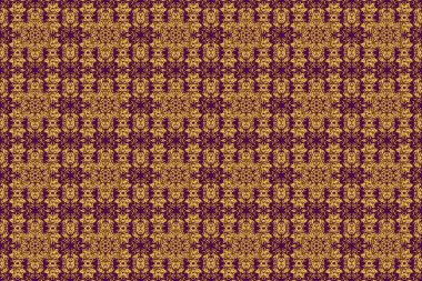 Mor arkaplandaki altın rengi elementlerin kusursuz raster görüntüsü. Duvar kağıdı, sunum, tasarım, tekstil için. Raster illüstrasyonu.