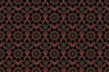 Basit kar taneleri, pürüzsüz desenler, çiçek unsurları, dekoratif süsler. Raster illüstrasyonu. Siyah arka planda kusursuz desen. Arap, Asyalı, sedir motifleri sarı, turuncu ve pembe renklerde..