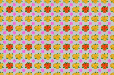 Gül çiçekleri ve yeşil yapraklı şık duvar kağıtları. Soyut raster arka planı. Çiçek açan gül çiçekleri ve gri arka planda yeşil yaprakları olan desensiz çiçek deseni..