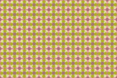 Raster illüstrasyonu. Çiçeksiz desen. Sarı, pembe ve bej renkli soyut sevimli çiçeklerin olduğu bahar kağıdı..