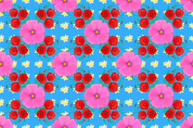 Çiçekli suluboya arka plan. Yatak örtüsü, ceket, paket tasarımı, kumaş ve moda kavramları için raster tekstil baskısı. Mavi arka planda bir sürü çiçekle.