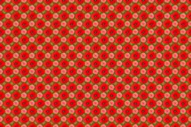 Turuncu, kırmızı ve pembe renklerde dikişsiz klasik desen. El yazısı gelincik çiçekleri, pullar, anahtarlar..