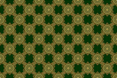 Yeşil bir arka planda, altın rengi, dikişsiz desen. Soyut raster altın doku. Düşük polimer altın desenli illüstrasyon.
