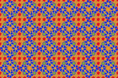 Doğu tarzında, mavi, kırmızı ve sarı elementlerle kusursuz bir desen. Tasarım şablonu için klasik dikişsiz ızgara. Kartlar için Raster eskizi, teşekkür mesajı, yazdırma.