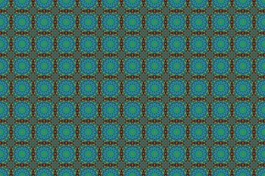 Daireler ve noktalarla süslenmiş kar taneleri. Mutlu gülümseyen yeşil, mavi ve kahverengi kar taneleri kusursuz desen. Sevimli raster kış tasarımı. Noel ve Yeni Yıl teması.