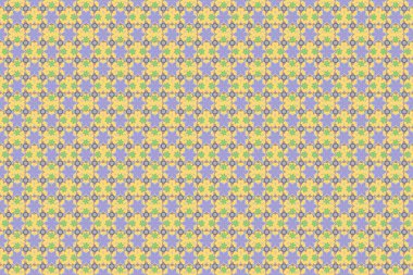 Moda baskısı. Sarı, yeşil ve mavi renklerde suluboya desenleri. Dekorasyon ve tasarım için güzel bir raster deseni. Klasik tarzda soyut çiçeklerin zarif deseni