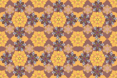 Raster illüstrasyonu. Kahverengi, bej ve sarı renkli küçük çiçeklerle pürüzsüz bir desen. Soyut çiçekler.