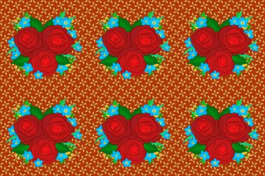 Raster çizimi iç tasarım, baskı, web ve tekstil tasarımı için iyidir. Kahverengi arka planda çiçek süslemesinin kusursuz dokusu. Gül çiçekleri ve yeşil yapraklı optik yanılsama.