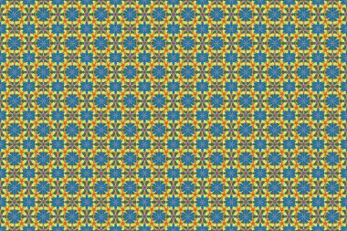 Raster illüstrasyonu. Puantiye, konfeti. Parlak mavi, bej ve yeşil zemin. Art deco tarzı. bstrakt geometrik modern elementlerle kusursuz desen.