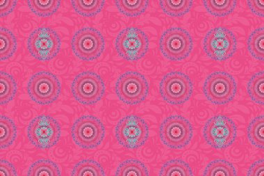 Raster illüstrasyonu. Damask pürüzsüz deseni pembe, mavi ve kırmızı renklerde.