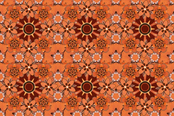 Raster seamless pattern. Vintage design in a brown, orange and red colors. Damask elegant wallpaper.