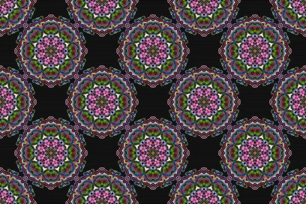 Raster seamless pattern with pink, green and red elements. Motley grid on a black background.