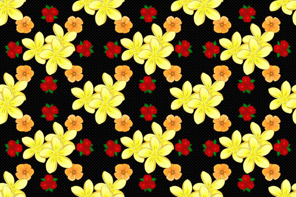 Растровая иллюстрация. Бесшовный фон с декоративными цветами плюмерии и листьями в красном, черном и желтом цветах
.