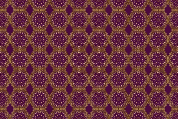 Altın elementli geometrik süs. Kusursuz geometrik desen. Altın doku. Mor arka planda altın gradyanı olan pürüzsüz bir desen. Soyut geometrik çizim.