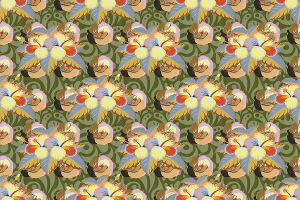 Tropical floral seamless pattern with beige, green and yellow hibiscus flowers. Floral raster seamless pattern. Raster illustration.