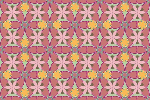 Sarı, mor ve pembe renkte birçok çiçek. Elle çizilmiş, pürüzsüz desen. Raster desenli çiçek deseni..