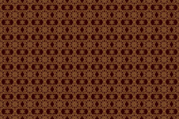 Kahverengi bir zeminde kusursuz altın elementler deseni. Kutlama kartlarını süslemek için alet çantası. Kahverengi arka planda altın parıltılı süsler ve parlak ışıklar..