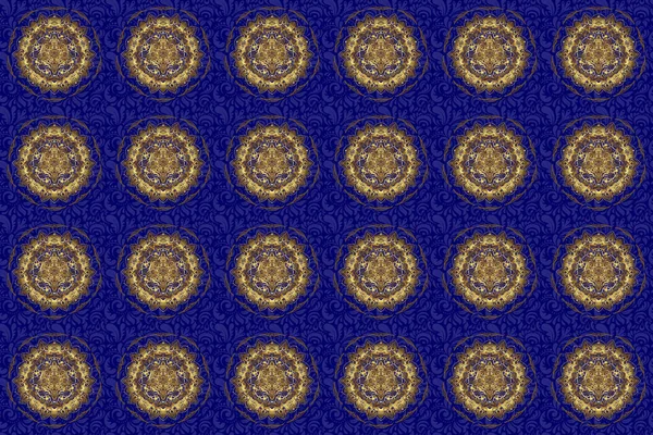 Blue and gold geometric raster seamless pattern, abstract background.