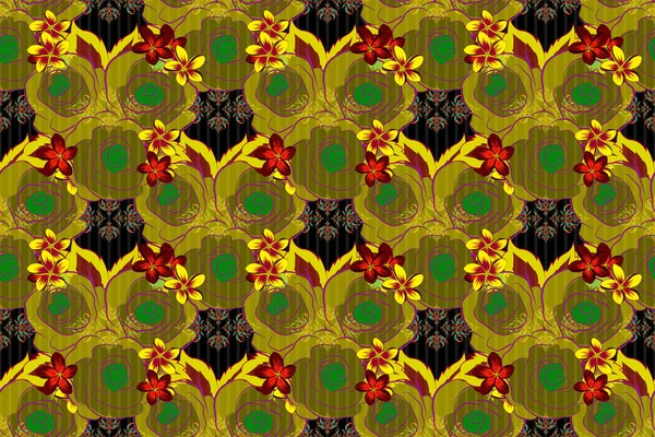 Vintage seamless pattern in red, yellow and green colors. Hand written raster rose flowers and green leaves, stamps, keys.