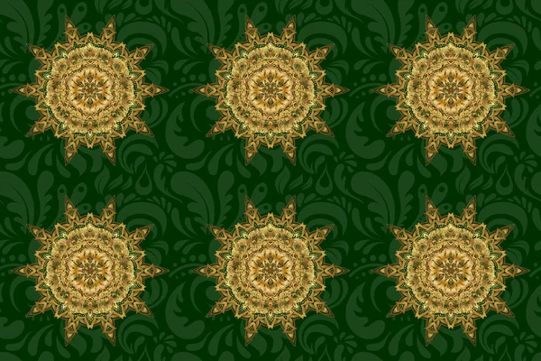 緑の背景に黄金の曼荼羅 豊かな民族縞のシームレスなパターン幾何学的なデザイン 曼荼羅式 ラスターイラスト — ストック写真