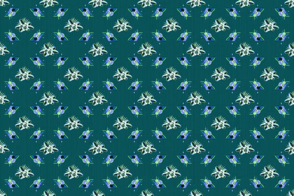 Zöld Kék Virágokkal Raszter Textil Nyomat Ágynemű Kabát Csomag Design — Stock Fotó