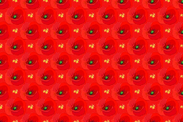 Raster Nahtloser Hintergrund Schöne Aquarell Mohnblumen Auf Rotem Hintergrund Helle — Stockfoto