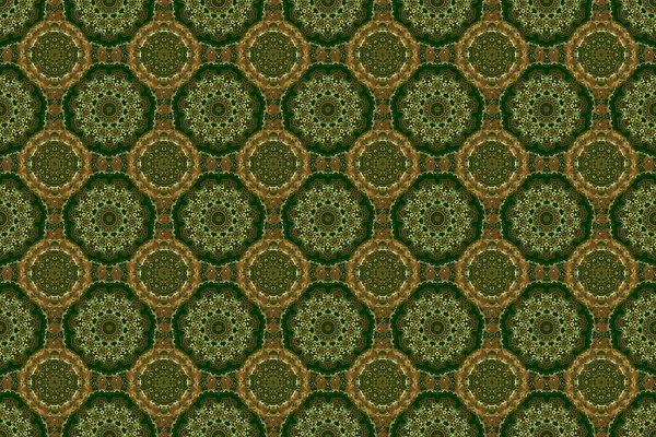 Raster Yeşil Arka Planda Altın Desenli Dikişsiz Vintage Desen Kumaş — Stok fotoğraf