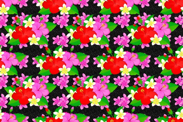 Bezešvé Pozadí Vzor Dekorativní Ibišek Květiny Listy Černém Pozadí Rastrová — Stock fotografie