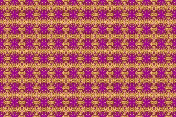 Traditional classic pattern in gold and purple colors. Raster illustration. Oriental ornament seamless pattern in the style of baroque on a purple background.