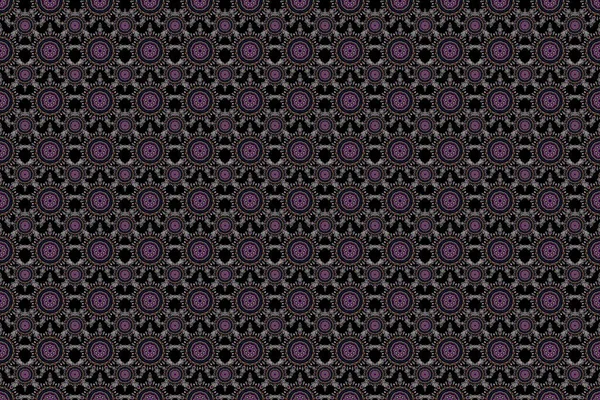 Medieval floral royal pattern. Violet and pink seamless pattern on a black background. Decorative symmetry arabesque. Good for greeting card for birthday, invitation or banner.