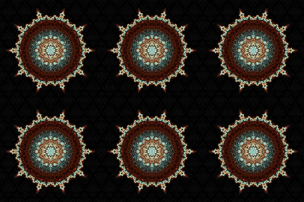 Stylized stars, snowflakes and grids. Ethnic Indian folklore. Raster abstract seamless patchwork background with brown, beige and red ornaments, geometric Moroccan seamless pattern.