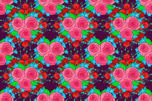 Płynny Wzór Kwiatowy Słodkie Kwiaty Róży Zielone Liście Czerwonych Różowych — Zdjęcie stockowe