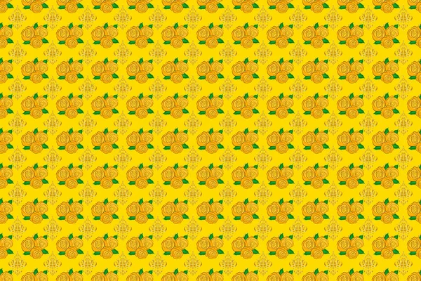 Растровий Безшовний Візерунок Фоні Стилізованими Трояндовими Квітами Зеленим Листям Жовтому — стокове фото