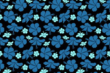 Hibiscus çiçeğinin siyah arkaplanda mavi renklerde pürüzsüz deseni.