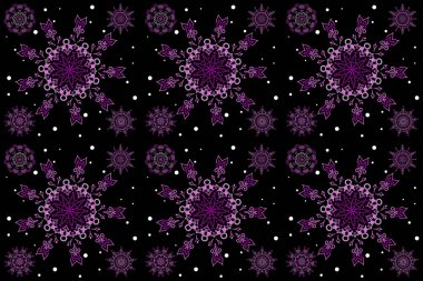 Siyah arka planda soyut kar taneleri ve noktalarıyla Violet Noel seti.