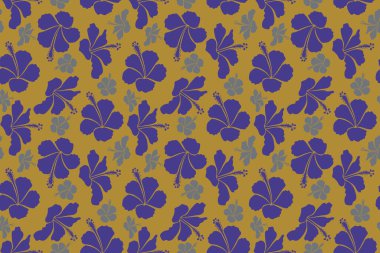 Kompozisyonda egzotik çiçekler. Yaz modası, iç mekan, duvar kâğıdı. Gri, sarı ve mor renkli amber çiçeği desenli kusursuz tropikal tasarım..