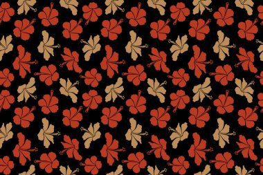 Aloha Hawai gömleği pürüzsüz Hibiscus deseni Bej ve turuncu renkli siyah arkaplan.