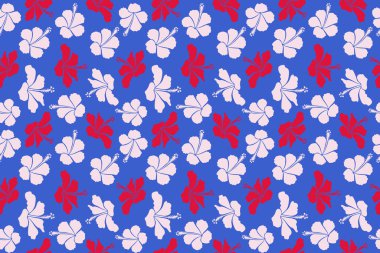 Tarafsız, mavi ve kırmızı amber çiçekli Aloha tipografisi tişört baskısı, kusursuz desenli.