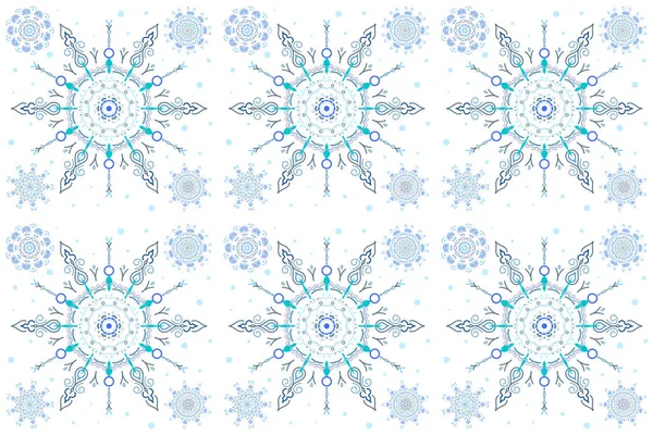 For the Christmas design and decoration. Set with 5 snowflakes, doodles and dots in blue colors on a white background. Handmade drawing. Watercolor painting effect.
