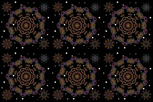 Christmas Stylized Violet Yellow Snowflakes Set Black Background — Stock Photo, Image