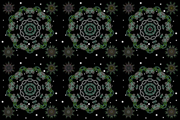 Fine greeting card. Colorful snowflakes set on black background. Winter sketch with arabesques, doodles and beige and green snowflakes.