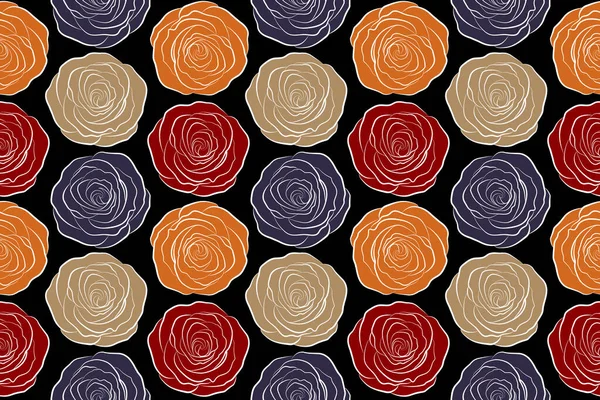 Cute seamless pattern in small rose flowers. The elegant template for fashion prints. Small orange, violet and red flowers on a black background. Spring floral background.