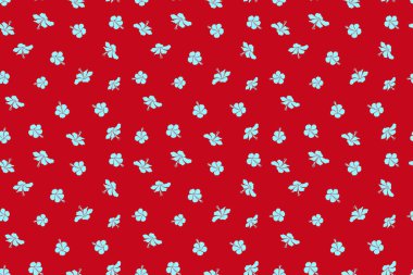 Mavi ve kırmızı çiçekli şirin desen. Bahar çiçeği arkaplanı. Motley pürüzsüz desen. Moda baskıları için zarif bir şablon. Küçük renkli çiçekler..