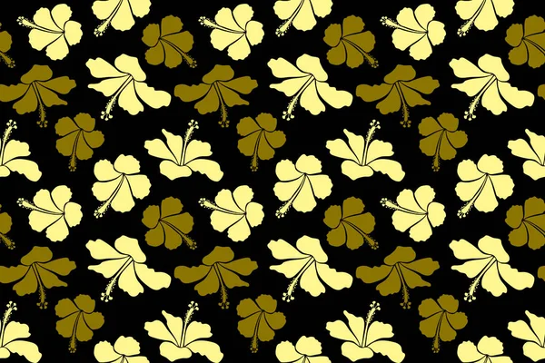 アロハハワイのシャツのシームレスなパターン 黒の背景に黄色のハイビスカス — ストック写真