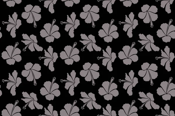 Floral on a black background. Tropical floral seamless pattern with hibiscus flowers in gray colors.