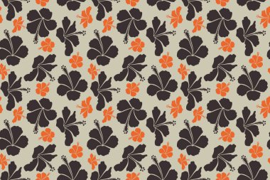 Hibiscus çiçekleri ve tomurcukları nötr, kahverengi ve turuncu renklerde retro pürüzsüz desen çizimi.