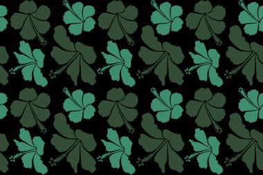 Siyah bir arka planda el boyası ile yeşile boyanmış bir resim. Tropikal yapraklar ve çiçekler pürüzsüz desen.