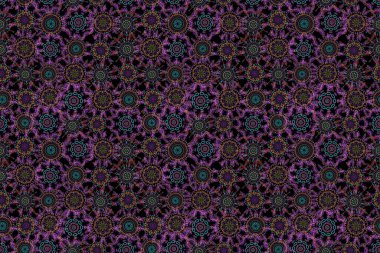 Kusursuz kumaş deseni, klasik duvar kağıdı, arka plan. Siyah arkaplanda pembe ve mor renkli süsleme kenarlığı.