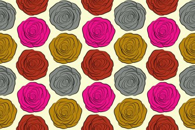 Turuncu, morumsu ve sarı renkli güller. Kusursuz bir arka plan modeli. El çizimi ögeler.