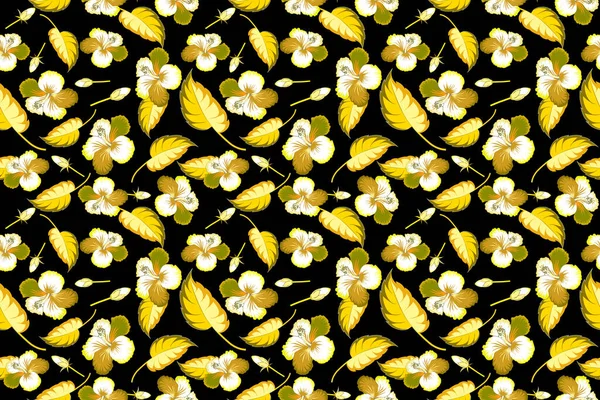 Floral Seamless Pattern Various Hibiscus Hawaiian Tropical Flowers Yellow Colors — Stock Photo, Image